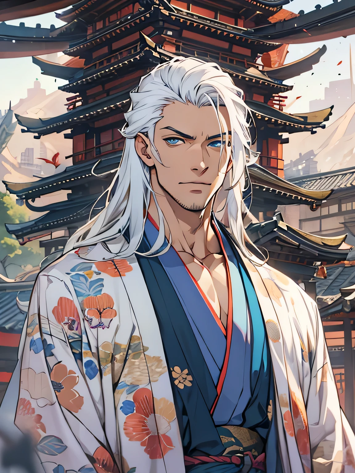 Handsome male. white hair. Long hair. Kimono, Arrogant expression. Bara. brown skin. 9 ft tall. Mischievous. Sinister. Muscular body. Japanese temple, Silky hair. Blue eyes, white eyebrows
