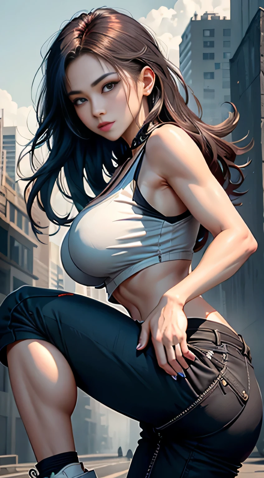 (masterpiece), (best quality), 8k resolution, ultra-detailed, hyper-detailed, realistic, photograph, photorealism, (1girl), tifa lockhart, tifa ffvii, very long black hair, hair bangs, red eyes, perfect body, smile, posing for photo, huge breasts, muscles, thick thighs, thick legs, wide hips, slim waist, hourglass figure, super wide hips, hip bones, very thin waist (full nude:1.3) (view from below:1.5)