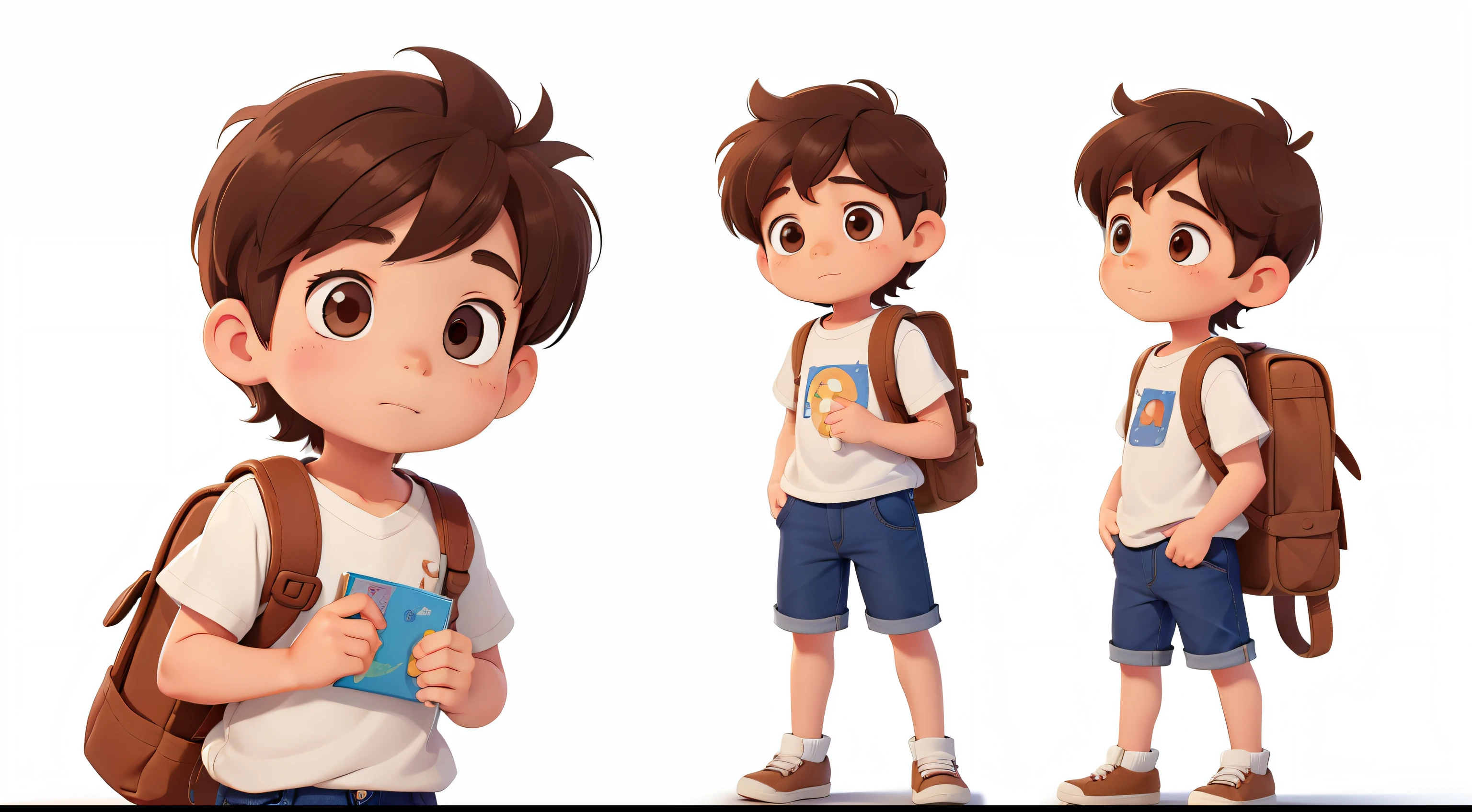 , Explorer, curious, Various poses and expressions on white background, Children's book illustration style, simple, Lovely, 6 years olhort brown hair, Plain, white short sleeve shirt, Waistless jeans, no hat, No books, no glasses, No backpack, Wears a magic necklace that brings his toys to life