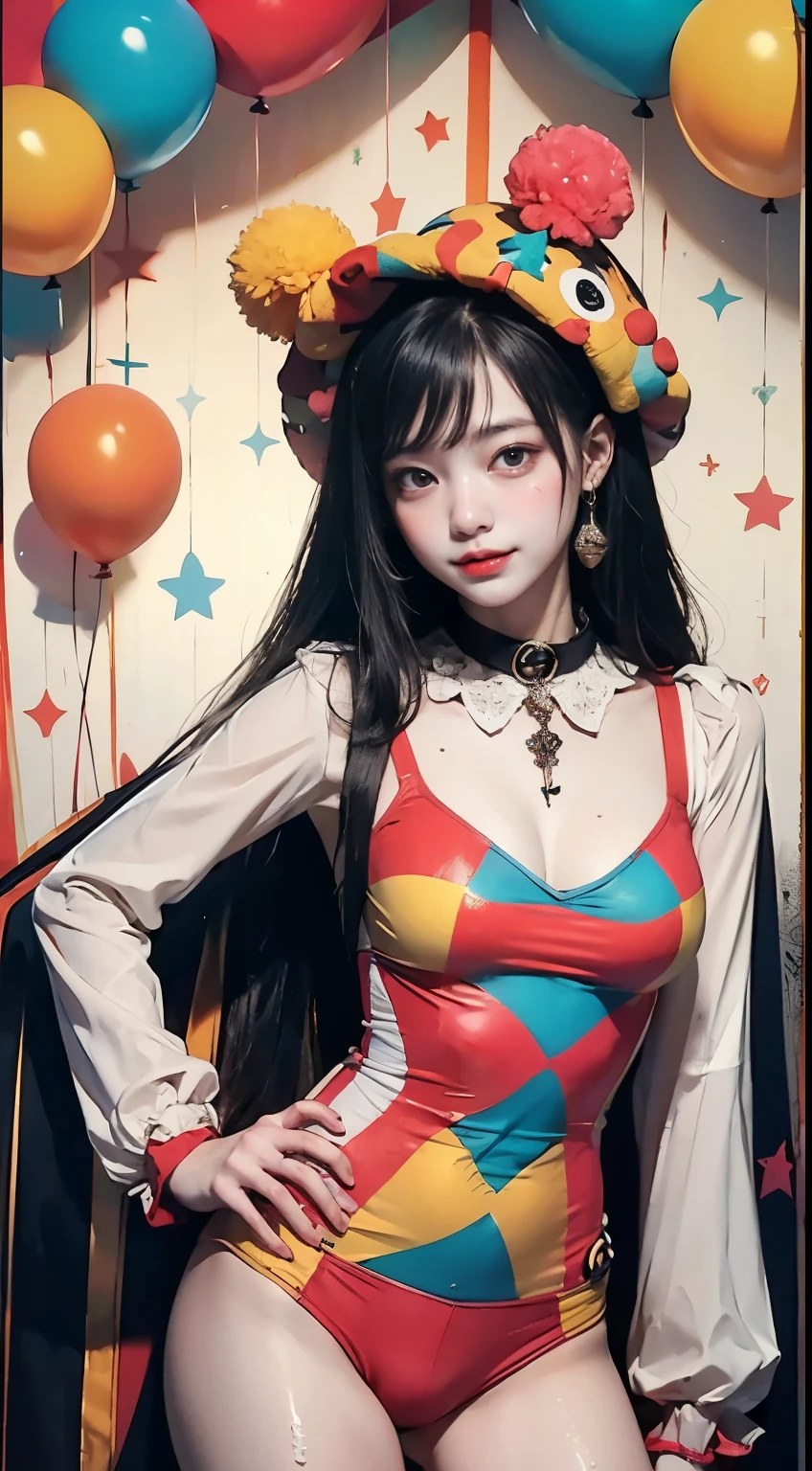 ((highest quality, 8k, masterpiece:1.3, 1 girl, beautiful girl)),ulzzang  dynamic pose, perfect anatomy, toned legs, big round ass, round eyes, double eyelid, moist lips, Highly clown costumes, Charming character, Detailed illustration clown costume, (circus background, in the circus tent, cuffs, collar), circus, whole body, balloon, Sexy, sweaty, smile, black hair, very long hair, pale skin,