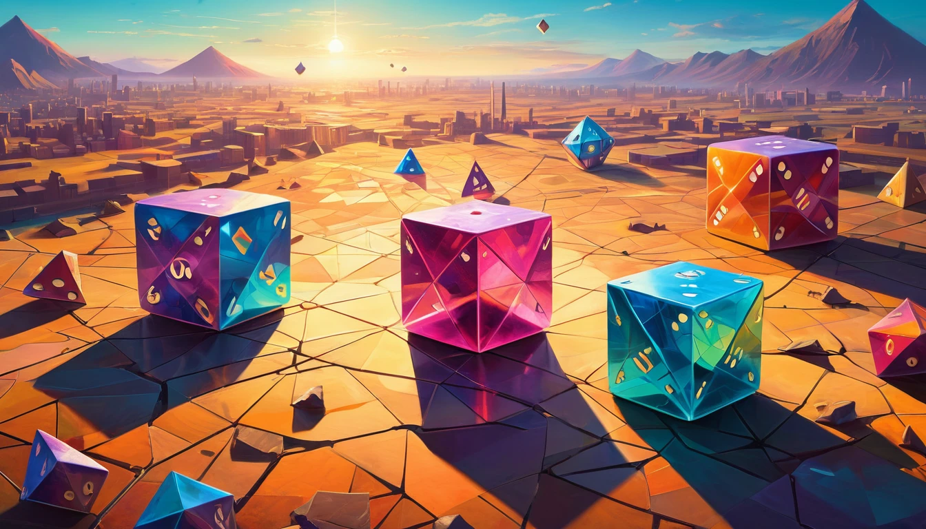 abstract,huge geometric shape,huge octahedral dice,lies on a field,casts a shadow on the small city at its foot,artistic texture,cracked surface,futuristic,glowing edges,vibrant colors,dynamic lighting,mysterious atmosphere,modern art style,soft pastel palette,abstract representation of reality,symmetry,sharp angles,contrasting shades,mesmerizing patterns,dreamlike perspective