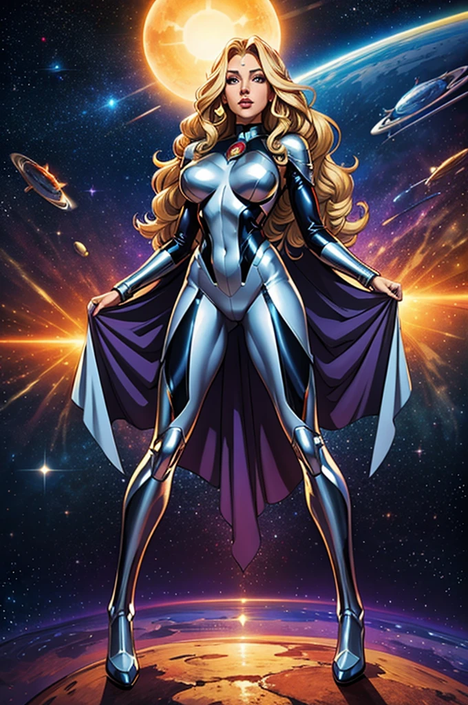 best quality, masterpiece, woman space super hero, beautiful face,full body,hi-tech armour over silver latex suit, long curly blonde hair,in deep space, with several planets and suns in the background