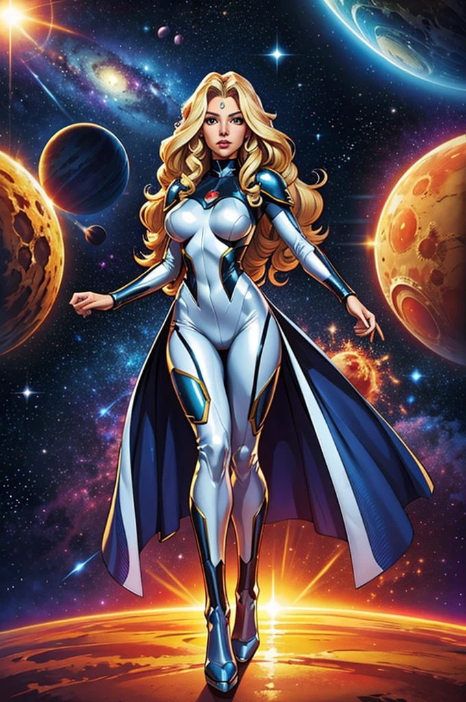 best quality, masterpiece, woman space super hero, beautiful face,full body,hi-tech armour over silver latex suit, long curly blonde hair,in deep space, with several planets and suns in the background
