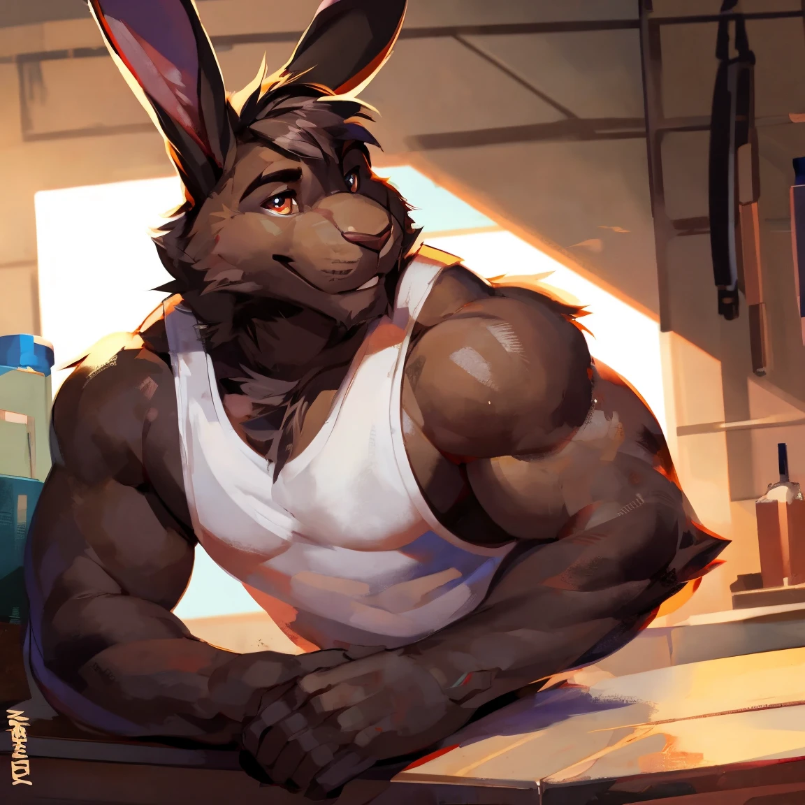 Light brown hare, in one color tone, with long ears, shirtless six pack abs, male, side view, profile, short tail, hare tail, naked, as, by darkgem, by mystikfox61, by glitter trap boy