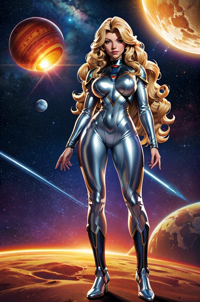 best quality, masterpiece, woman space super hero, beautiful face,full body,hi-tech armour over silver latex suit, long curly blonde hair,in deep space, with several planets and suns in the background
