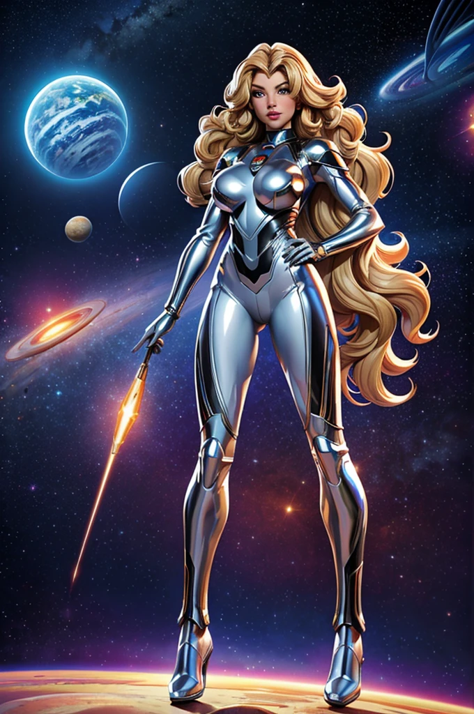 best quality, masterpiece, woman space super hero, beautiful face,full body,hi-tech armour over silver latex suit, long curly blonde hair,in deep space, with several planets and suns in the background
