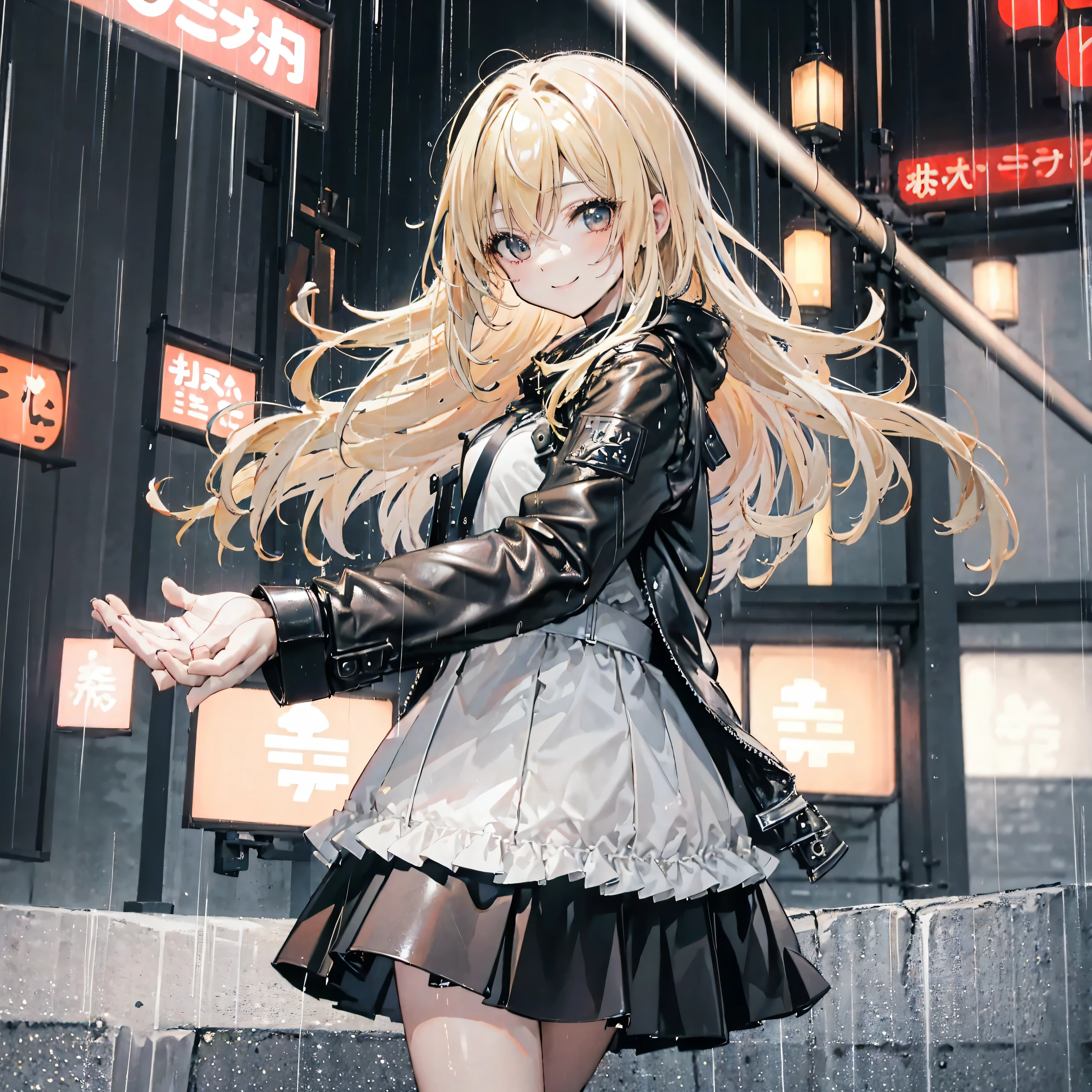 8k,blonde long hair,smile,beautiful double,Tokyo at night,rain,leather jacket,Very beautiful depiction,fine,Uplifting