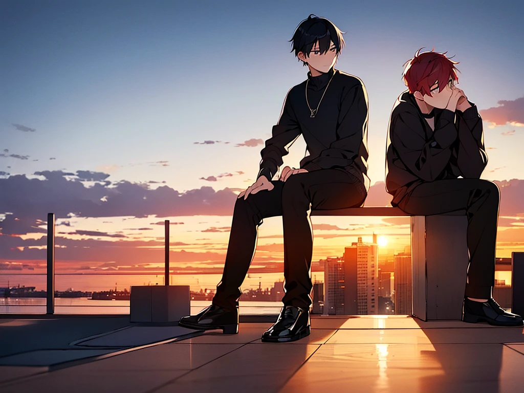 2boy, 2young people, backwards, The background is the city at sunset, backwards, The background is the city at sunset, ベンチでsit, Bad friend and wine-red haired young man, sit and Black-haired young man sit