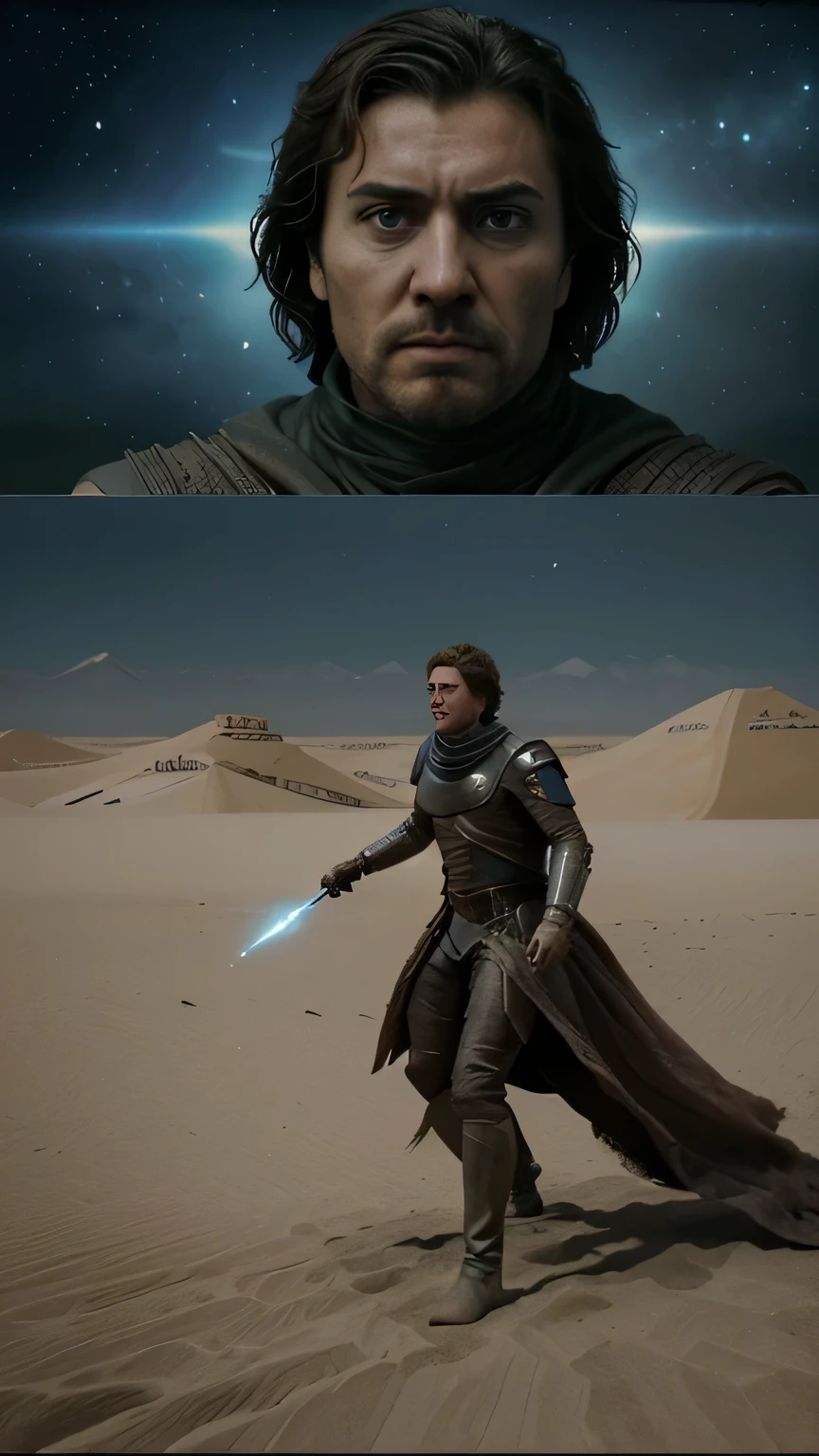 A dynamic montage showcases key moments from the movie, including Paul's rise to power, the Fremen's battle against the orbiting fleet, and Chani's departure on a sand-worm. Each scene is depicted with vivid detail, capturing the intensity and drama of the story.Visual: A series of images flash across the screen, each depicting a pivotal moment from the movie in stunning detail. From Paul's confrontation with Shaddam to the Fremen's daring attack on the orbiting fleet, the montage highlights the epic scope of the story and sets the stage for the final reveal.