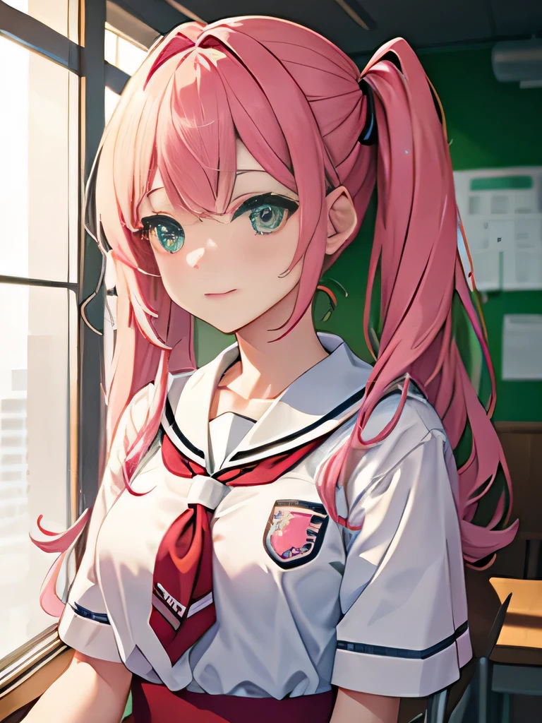 Anime girl ((high quality)), pink hair ((high quality)), Pigtail hair ((high quality)), green eyes ((high quality)), school scene ((high quality)), school chairs and tables ((high quality)), japanese school clothes for women ((high quality)), Idol expression ((high quality)), breasts ((high quality))