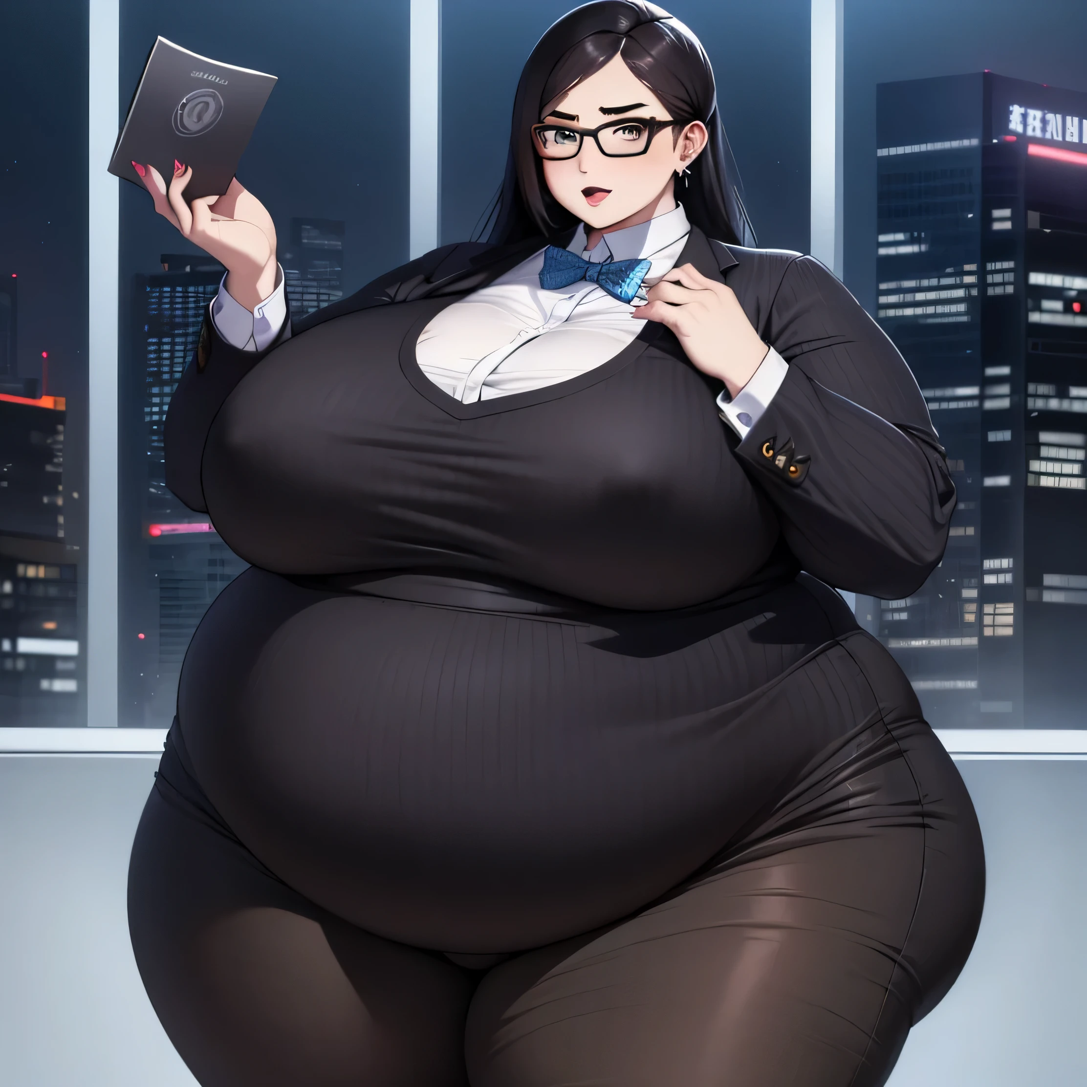 ultra-detailed,professional,fat businesswoman,confident expression,big round glasses,,modern office background,bold colors,sharp focus,vivid lighting,detailed facial features,elegant hairstyle,professionally dressed,curvy figure, fat body,big belly,SSBBW, big fat belly,