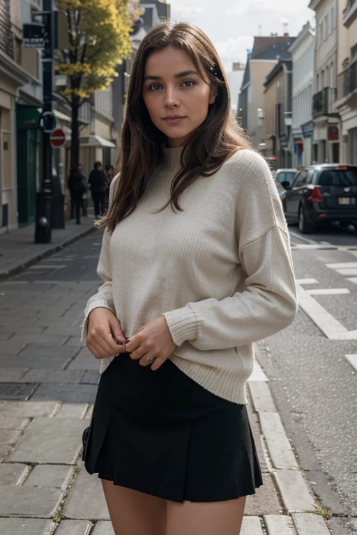 A pretty woman in her twenties, Fair-skinned, naturel, pas de maquillage, in a plaid skirt and a close-Fitting black sweater, dans la rue, imperFections naturelles, Yeux couleur noisette, Lush light brown hair, Faible proFondeur de champ pour souligner le sujet, Taken using a Canon EOS R camera with a 50mm F/1.8 lentilles, F/2.2 ouvertures, vitesse d'obturation 1/200s, ISO 100 and natural light, corps entier, photographie hyper réaliste, movie theatertic, movie theater, hyperdetail, ultra hd, Correction des couleurs, ultra hd, hdr, dégradé de couleurs, 8k – with 4:5 –g2 –v4"
