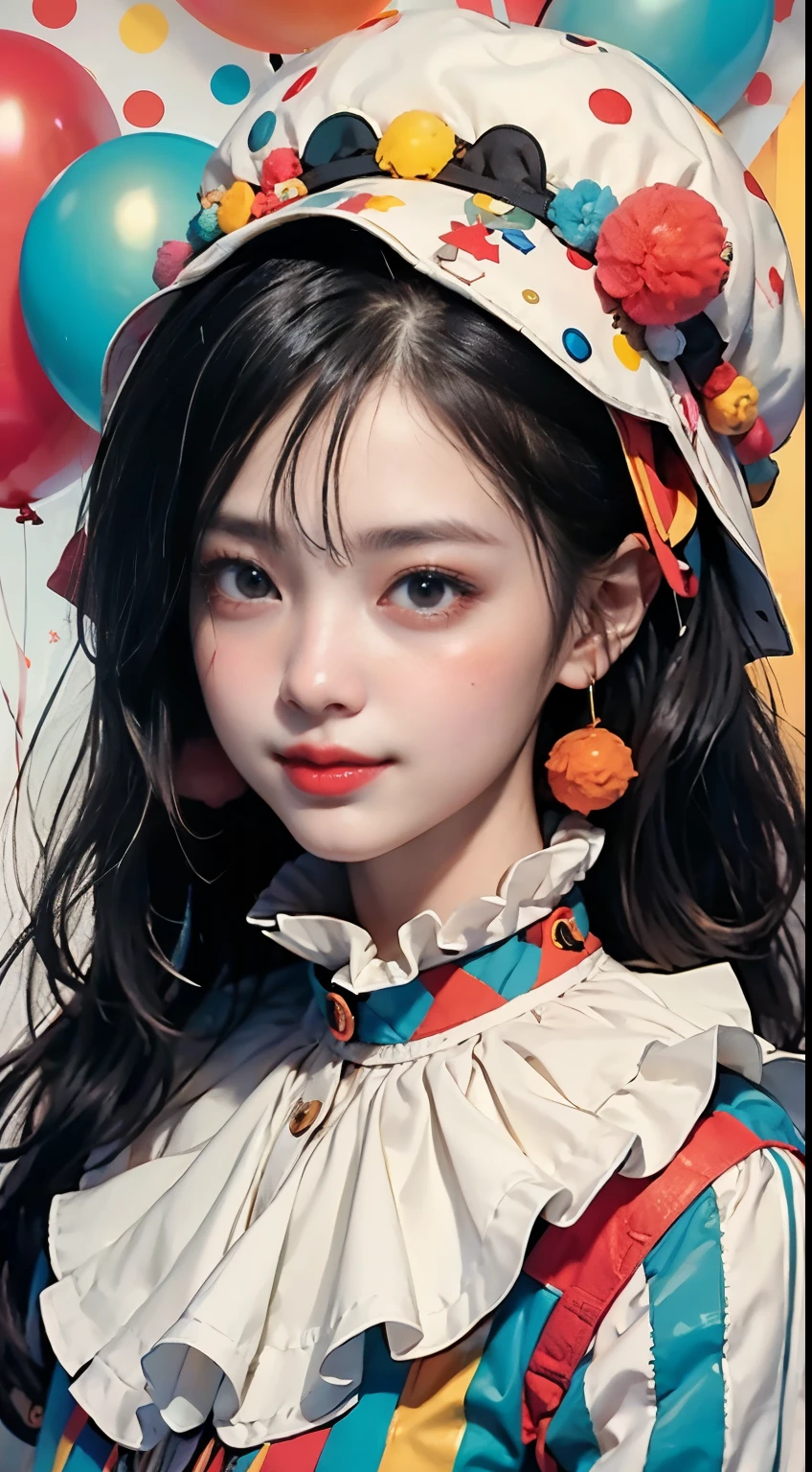 ((highest quality, 8k, masterpiece:1.3, 1 girl, beautiful girl)),ulzzang cute, dynamism, detailed face, fine skin, fine eyes, lip details, finger details, detailed mouth, realistic, RAW photo, Natural light, dynamic pose, perfect anatomy, toned legs, big round ass, round eyes, double eyelid, moist lips, Highly detailed art of a clown head, cute clown costumes, Charming character, Detailed illustration clown pink costume, (circus background, in the circus tent, cuffs, collar), circus, whole body, balloon, Sexy sleeveless, removed sleeve, sweaty, smile, black hair, very long hair, pale skin,