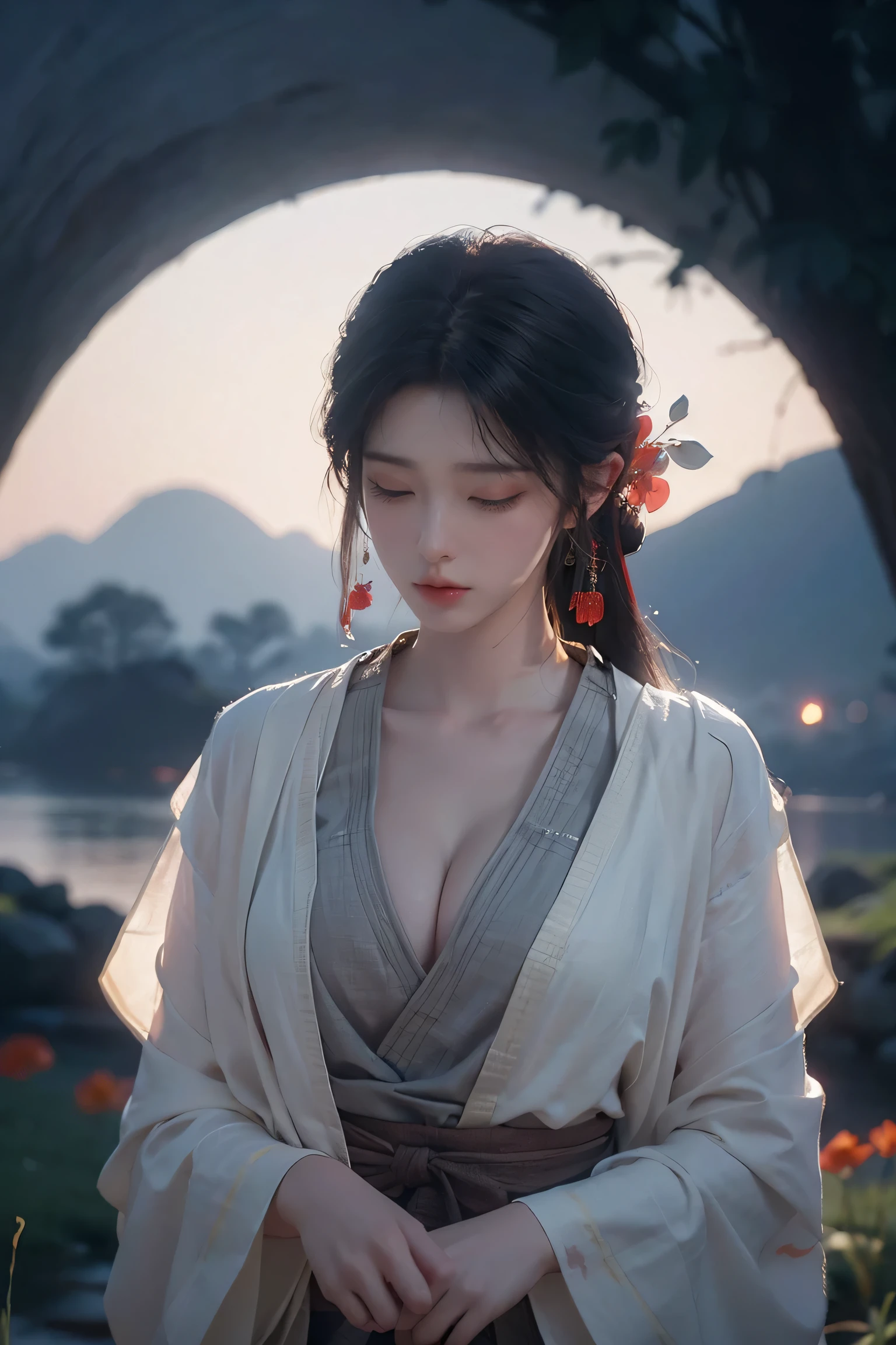 Field with beautiful flowers (close-up cleavage), meditate, Zazen, A meditative (Chinese landscape painting), (ink and watercolor painting), (8k wallpaper), (Light and Shadow Effect), rendering by octane, White balance design, Extremely detailed image representation, Wide angles, depth of fields, masterpiece, realistic, beautifully portrayed, a detailed, accurate, Masterpieces, masterpiece”