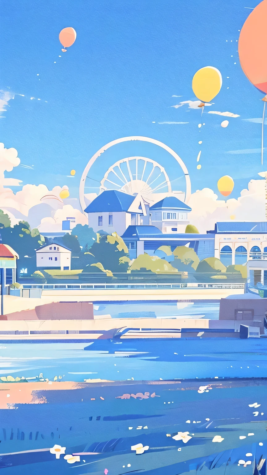 Pointillism, cinematic, plain background, nobody, daily life, Story a scene, The aftertaste of memory, The ending is , aesthetic, emotional, nostalgia, Complex illustrations, meticulously made, fade,Clear blue sky,(Ferris wheel in the sun),Huge Ferris wheel,(amusement park background),Balloons flying to the sky,(Colored bubbles)