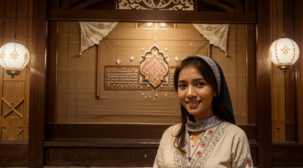 A realistic medium shot of a beautiful, cheerful Indonesian Muslim woman facing directly at the camera with a warm smile on her face His hands are in the Namaste position in a pop-up Art Paper batik motif frame, with a brown, dark red background and a picture of a typical Ramadhan mosque, displaying the text "Marhaban Ya Ramadhan" and decorated with a crescent moon and white stars while Ramadan elements such as the "1445 H" Lantern fireworks and Javanese batik motifs