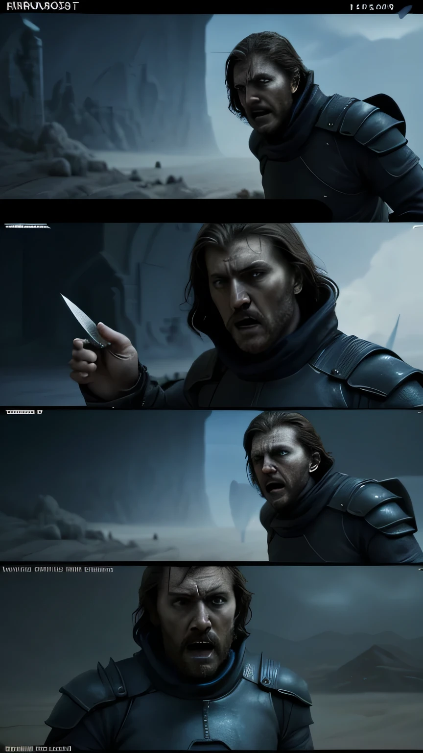 The montage intensifies as scenes of confrontation and conflict unfold, with Paul facing off against his enemies and the Fremen battling against overwhelming odds. Tension mounts as the stakes are raised, leading to a climactic showdown.Visual: Images of Paul confronting Shaddam, Feyd-Rautha's knife duel, and the Fremen's assault on the orbiting fleet are intercut with scenes of dramatic tension and conflict. The intensity of the montage builds with each passing moment, drawing viewers deeper into the story