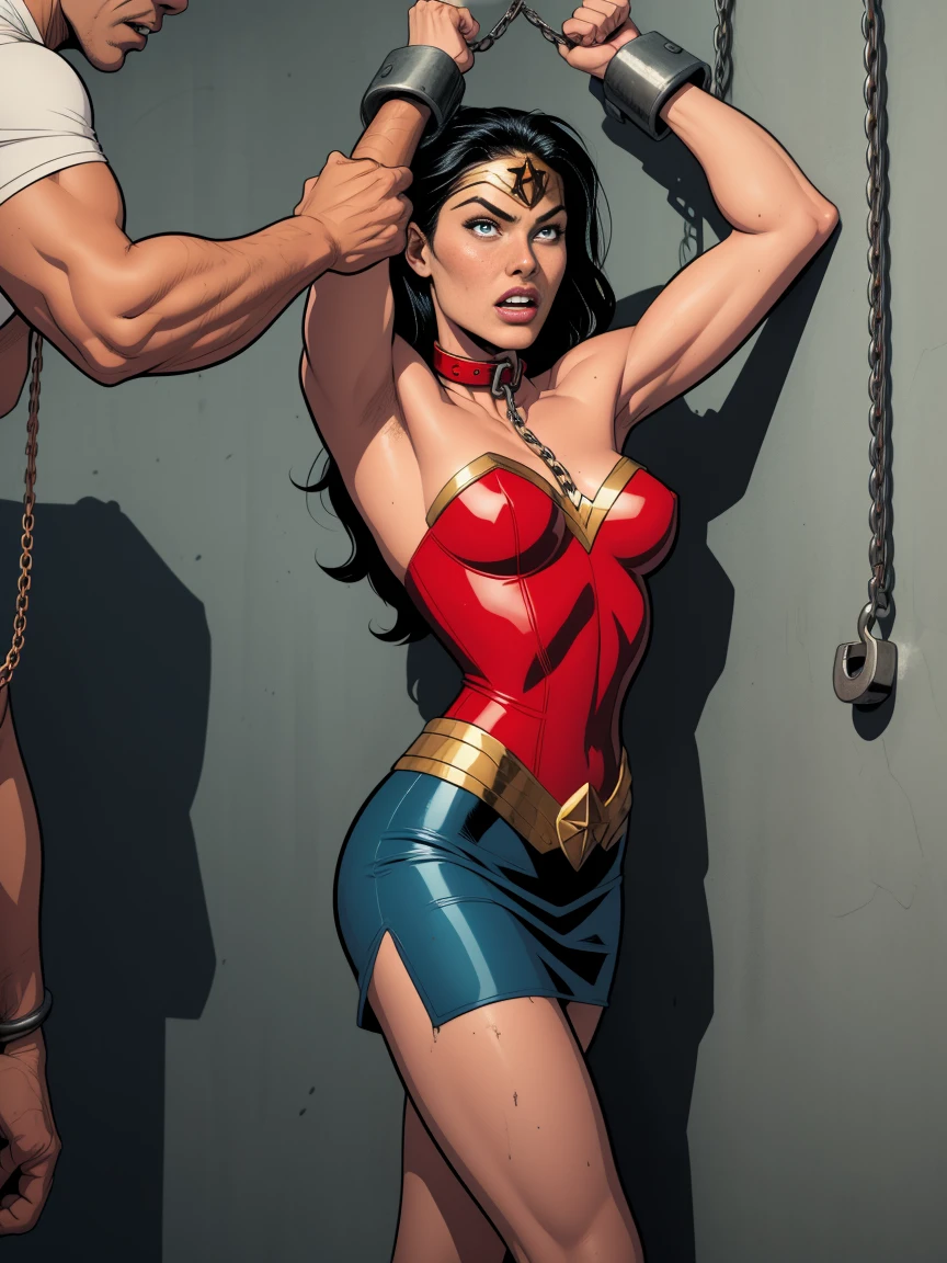 1girl, beautiful girl, wonder woman,blue skirt, (((shackles)), ((shackles and arms down, chain leads, metal collar, wrists tied)), bondage, slavery, restraint,((1boy, standing on side,hand, punching,hit her)),(basemend wall backgroun, dirty, dark, creepy), best quality, masterpiece, arms up, comic style, cartoon source