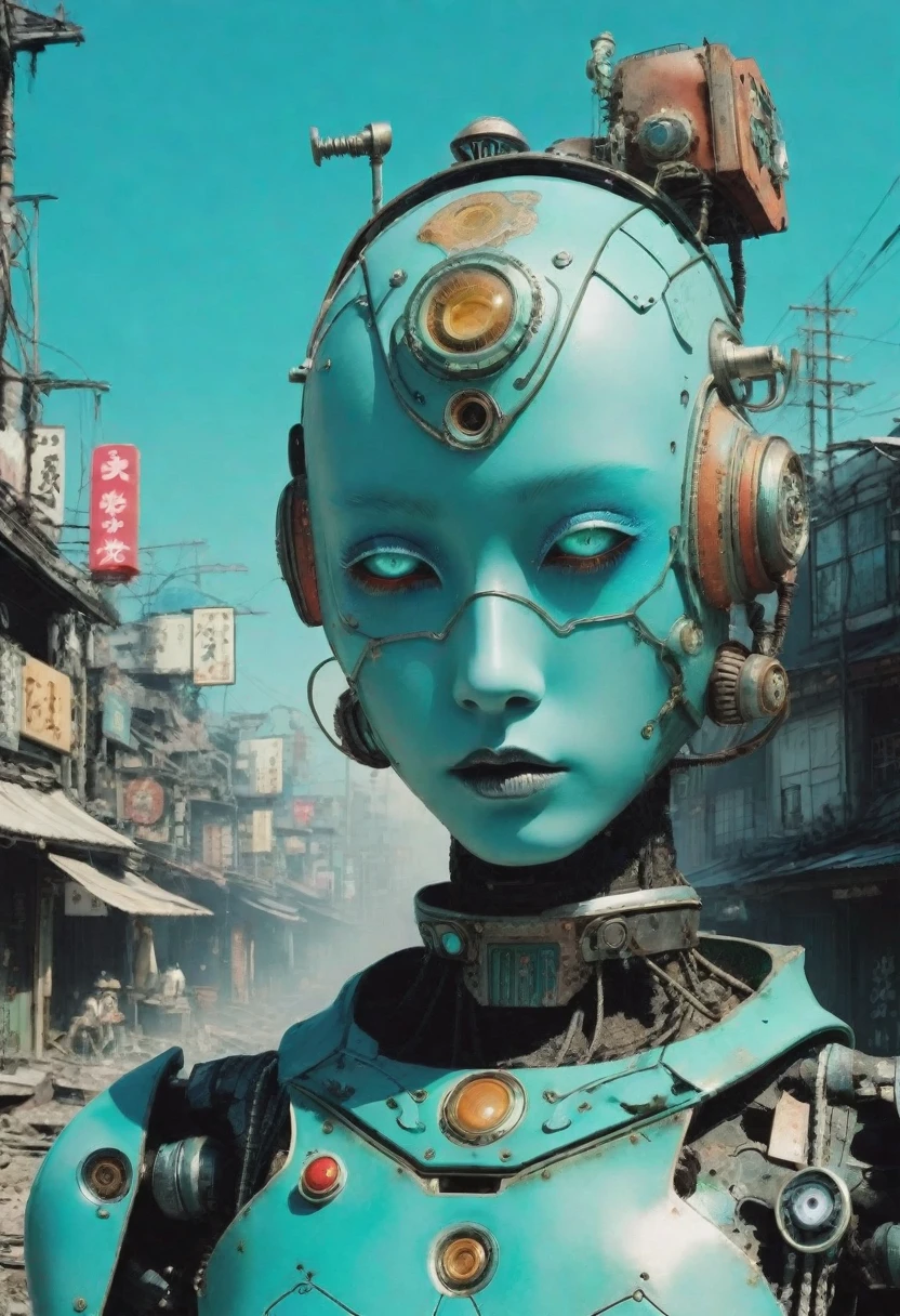 Full body photograph by Tim Walker. Little funny robot, porcelain face and head, big turquoise eyes, perfect eyes, best quality in neo-Harajuku style, embodying the mood of a post-apocalyptic world, intricate details of the robot, space outfit highlighted by sharp contrasting shadows, strikingly bright colors, atmospheric dust particles, scattered face, background of a decaying city, UHD digital rendering, a fascinating combination of fashion and dystopia. eerie atmosphere, fusion, horror, Japanese townscape, long neck, robots, v 6