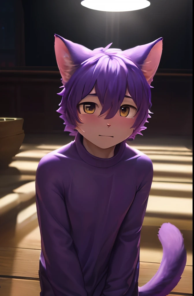 (best quality,4k,8k,highres,masterpiece:1.2),ultra-detailed,(realistic,photorealistic,photo-realistic:1.37), human furry, neko slime boy, drak purple color, shota, full body standing, blush on the cheek, glossy texture, smooth surface, bishounen, vibrant coloring, dreamlike atmosphere, dramatic lighting, surreal background