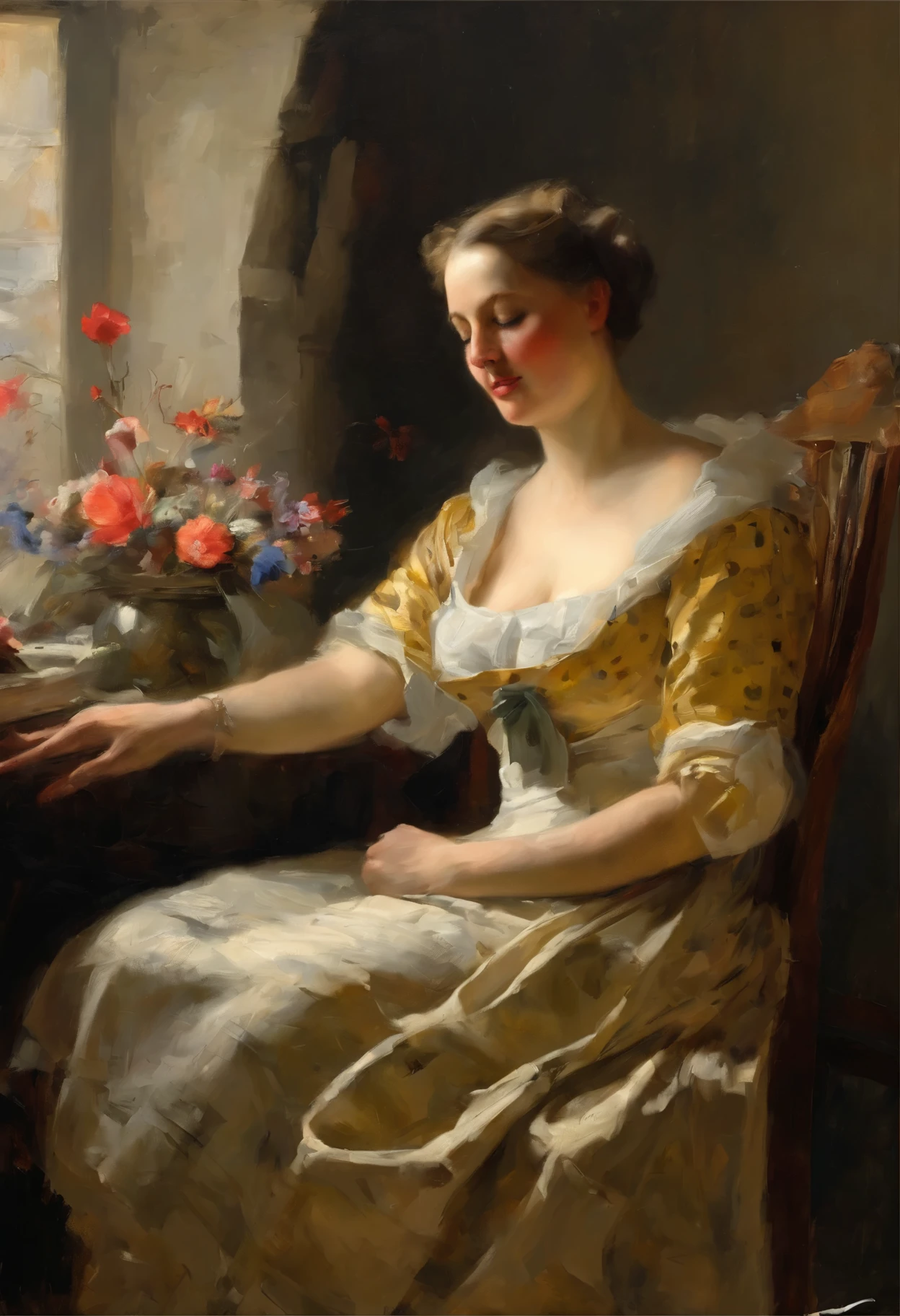 A painting of a woman with Gigantic saggy breasts, Milk breasts, for milking, Huge nipples, sitting by open window witha bird purched on the ledge, clay interior walls, her eyes closed, perfect arms and hands, elegant in nature, beautiful backlighting on hair, full lips, wavy hair, up-do, her elbow leaning on arm of chair, {{Antique rosewood armchair / Georgian button back chair}}, with her hand resting under her chin, smiling about the events of the day, wearing a beautiful polka dots dress, with exposed cleavage, {{nudity}} breasts exposed and hanging out, {{1 breast out leaking milk from nipple}}, ((golden ratio}} sleepy after a long day, a sensual painting, a Beautiful expressive painting, Wadim Kashin. Ultra photo realism, Louise Ross, digital painting art, Perceptual digital painting, Stylish digital painting, Bonito painting, glossy digital painting, beautiful digital painting, digital art painting, Fine paintings, thick strokes, pallette knife, impasto, Albrecht Dürer, Rembrandt, baroque art, alla prima, sfumato, chiaroscuro, intense light, {{catchlight}}