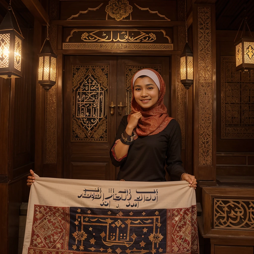 A realistic medium shot of a beautiful, cheerful Indonesian Muslim woman facing directly at the camera with a warm smile on her face His hands are in the Namaste position in a pop-up Art Paper batik motif frame, with a brown, dark red background and a picture of a typical Ramadhan mosque, displaying the text "Marhaban Ya Ramadhan" and decorated with a crescent moon and white stars while Ramadan elements such as the "1445 H" Lantern fireworks and Javanese batik motifs