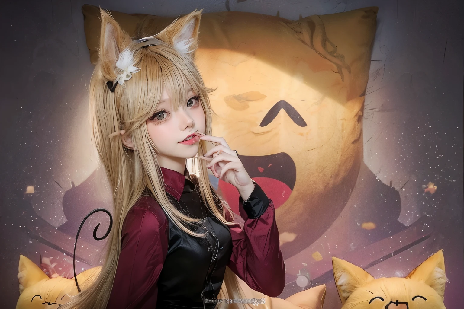 anime girl with long blonde hair and cat ears holding her hand near her mouth, anime catgirl, cute anime catgirl, catgirl, Moge-ko, estilo realista