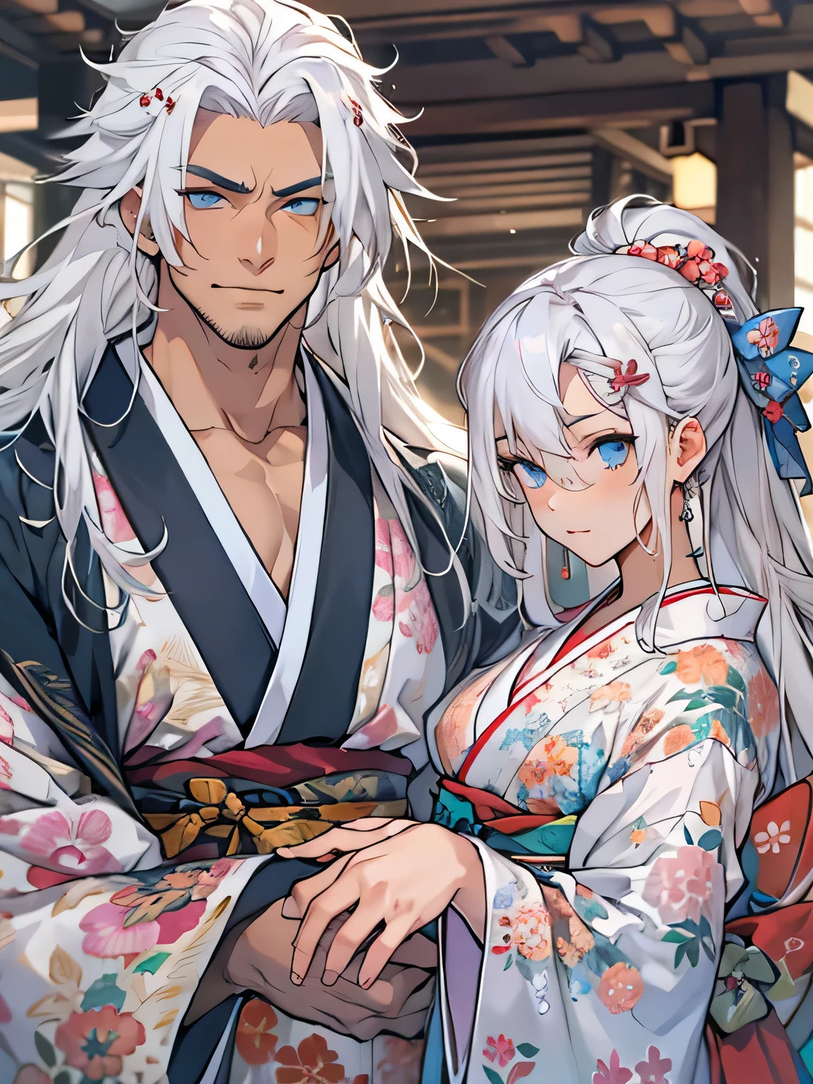 Handsome male. white hair. Long hair. Kimono, Arrogant expression. Bara. brown skin. 9 ft tall. Mischievous. Sinister. Muscular body. Japanese temple, Silky hair. Blue eyes, white eyebrows, female, couple, 1boy, 1girl, cleavage, beautiful, perfect body