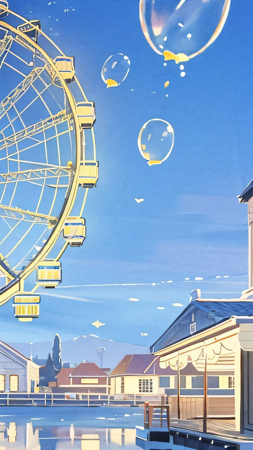 Pointillism, cinematic, plain background, nobody, daily life, Story a scene, The aftertaste of memory, The ending is , aesthetic, emotional, nostalgia, Complex illustrations, meticulously made, fade,Clear blue sky,(Ferris wheel in the sun),Huge Ferris wheel,(amusement park background),Balloons flying to the sky,(Colored bubbles)