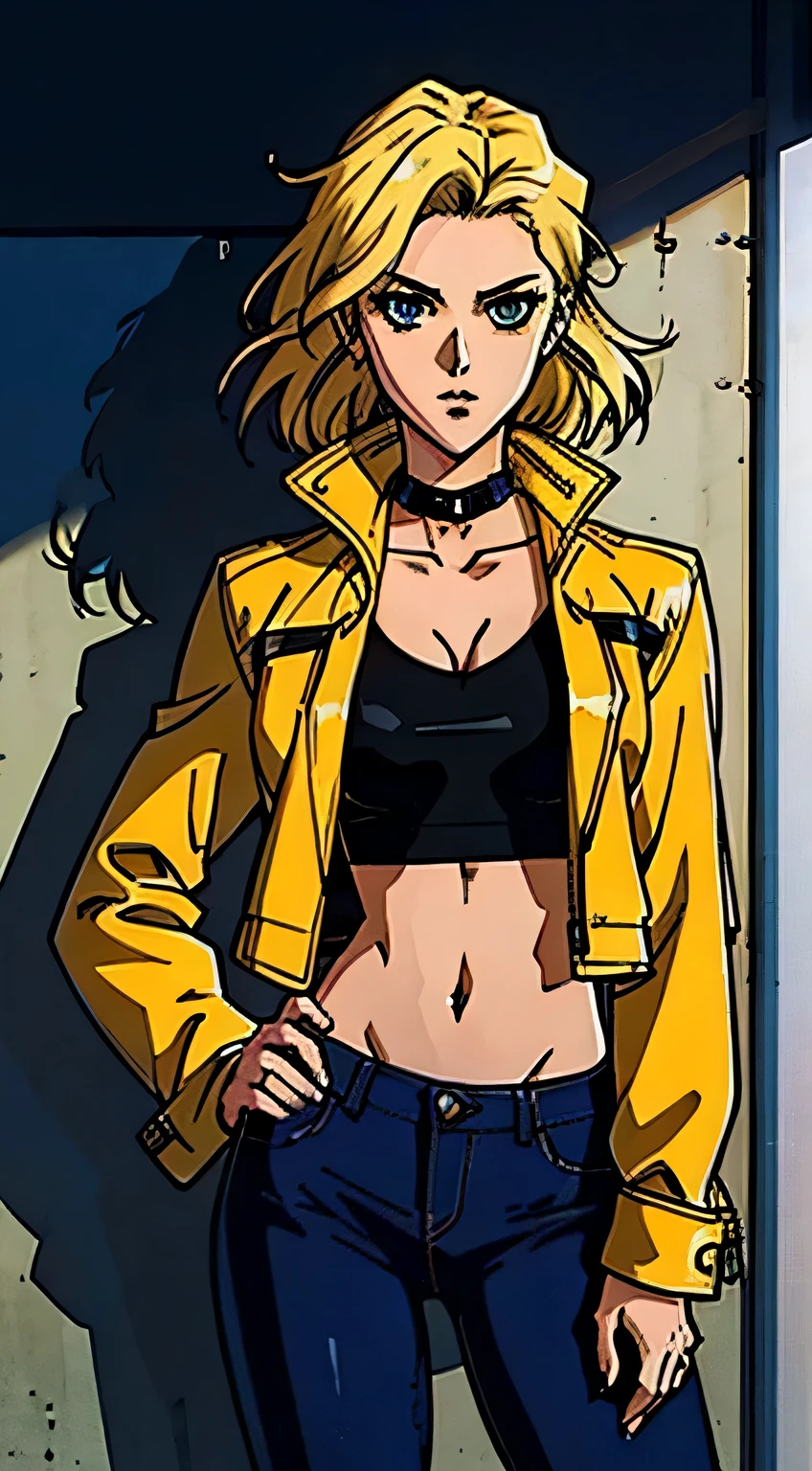 Beautiful woman with messy blonde hair, oval face, Sensitive features, Eyes that show intelligence., She wore a slim-fitting leather jacket that was mostly black and yellow..., He wore a brown jacket with a furry collar on top..., Her lower half was clad in dark blue jeans..., She stood casually with her hands on her hips..., The character designs reflect a punk style smuggler inspired by Japanese anime designs..., The artwork features intricately detailed character designs..., Featuring a Japanese manga art style for adults..., ((character concept art)), Drawing all characters, high definition, best quality, very detailed, very delicate, Anatomically correct, Symmetrical face, ดวงตาและใบหน้าที่very detailed, High quality eyes, creativity, raw photos, UHD, 8k, (natural light, professional lighting:1.2, movie light:1.5, best shadow), (Masterpiece:1.5)