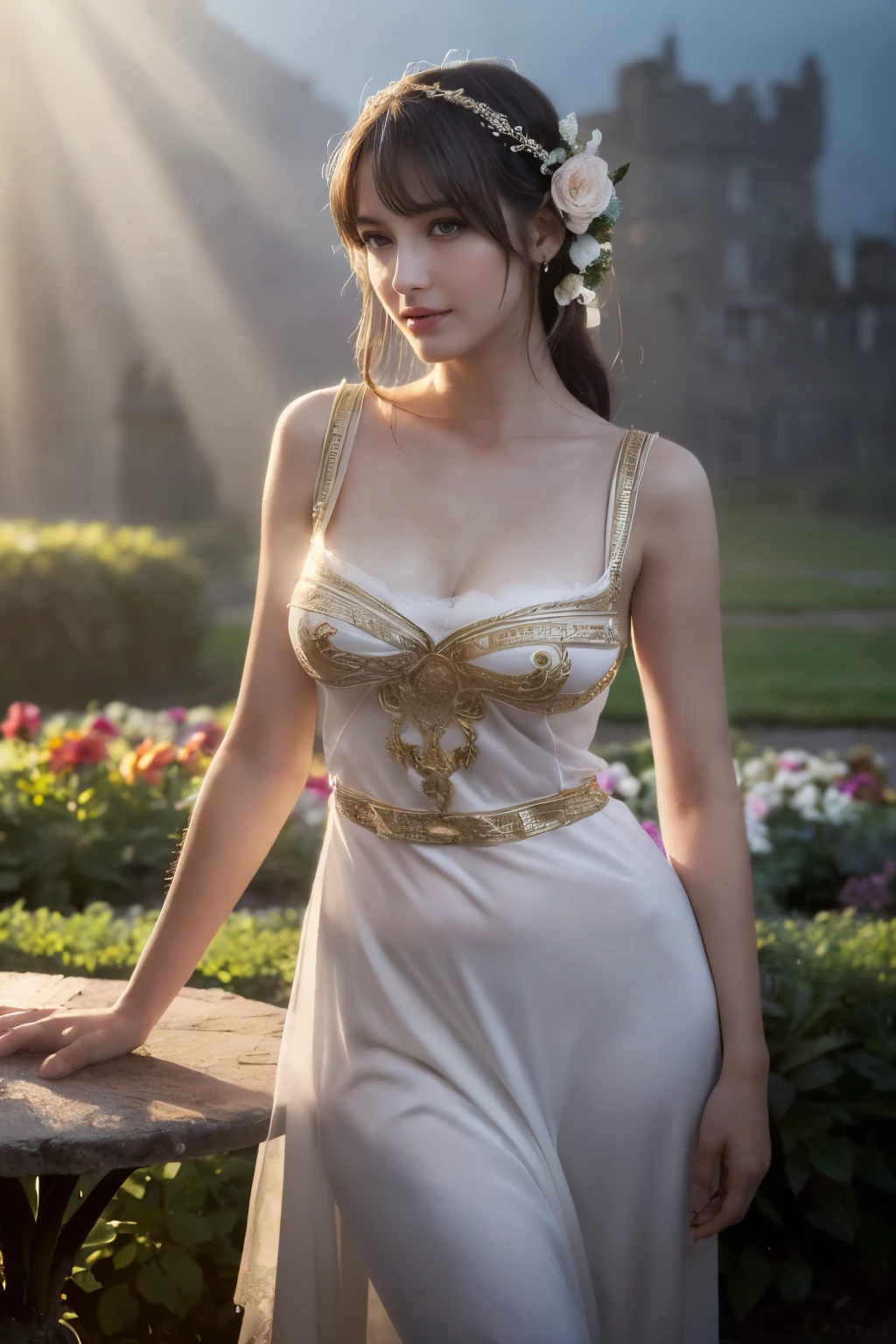 
((table top:1.4, highest quality)), (realistic pictures:1.4), 
((1 girl)), (An unearthly beauty), (dream-like),
(超High resolution:1.2), very delicate and beautiful, wonderful, Highly detailed CG Unity 8K wallpaper, Super detailed, High resolution, 
soft light, beautiful detailed girl, highly detailed eyes and face, beautifully detailed nose, beautiful and detailed eyes, 
(Dressed in ancient Greek maiden costume:1.3), 
cinematic lighting, perfect anatomy, slender body, (parted bangs),
(In the gardens of a Scottish castle:1.3), (Overcast dark background, (thick fog), A ray of light shines on the flower garden in the garden:1.3), (outdoor), (contrast of light and dark),
cowboy shot, looking at the viewer, archaic smile, (fantastic beauty)