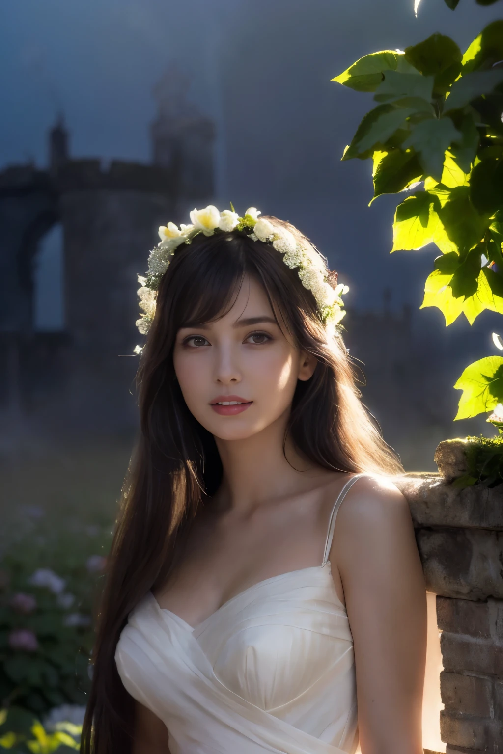((table top:1.4, highest quality)), (realistic pictures:1.4),
((1 girl)), (An unearthly beauty), (dream-like),
(超High resolution:1.2), very delicate and beautiful, wonderful, Highly detailed CG Unity 8K wallpaper, Super detailed, High resolution,
soft light, beautiful detailed girl, highly detailed eyes and face, beautifully detailed nose, beautiful and detailed eyes,
(Dressed in ancient Greek maiden costume:1.3),
cinematic lighting, perfect anatomy, slender body, (parted bangs),
(In the gardens of a Scottish castle:1.3), (Overcast dark background, (thick fog), A ray of light shines on the flower garden in the garden:1.3), (outdoor), (contrast of light and dark),
cowboy shot, looking at the viewer, archaic smile, (fantastic beauty)