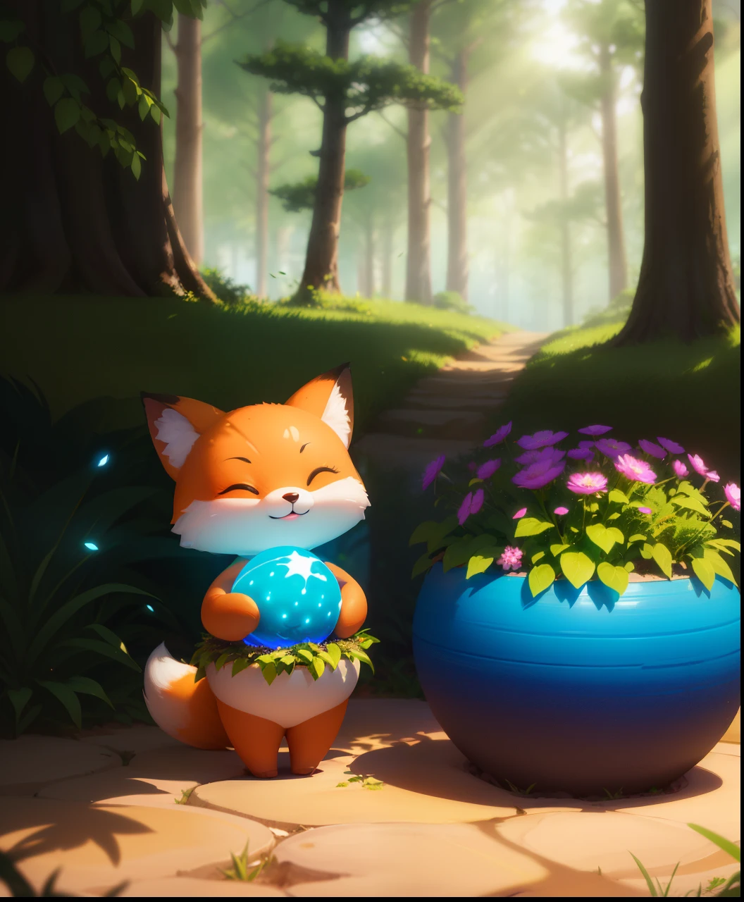 Kawaii fox, cute, cub, full moon night, forest, grass, flowers (((masterpiece, best quality; 1.3)), ultra detailed, 8k unity wallpapers, CG, ray tracing, illustration, colorful, cinematic shadow, extremely detailed and beautiful background, vhd, VRay Shadowing, RT)), masterpiece, hyper realistic, hyper detailed, best quality, 16k, light and shadow effect on skin, vivid colors)), cute smile , ((skin with light and shadow), inside a clay pot in the forest, head outside the pot, magical forest with fireflies