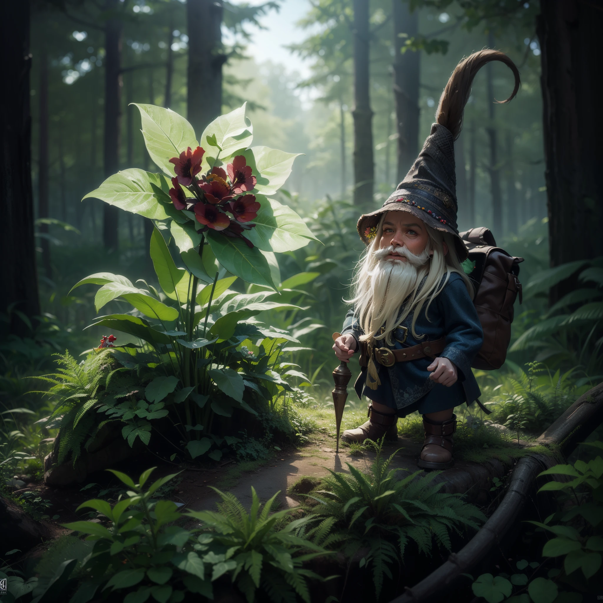 there is a gnomo with a hat and a flower in the forest, evil alchemist gnomo, gnomo druid, gnomo, portrait of a gnomo called eldon, gnomo illusionist, dark fantasy art, fantasy digital art, fantasy art 4k, Realistic fantasy artwork., detailed fantasy digital art, 2D digital fantasy art, fantasy art behavior, amazing fantasy art