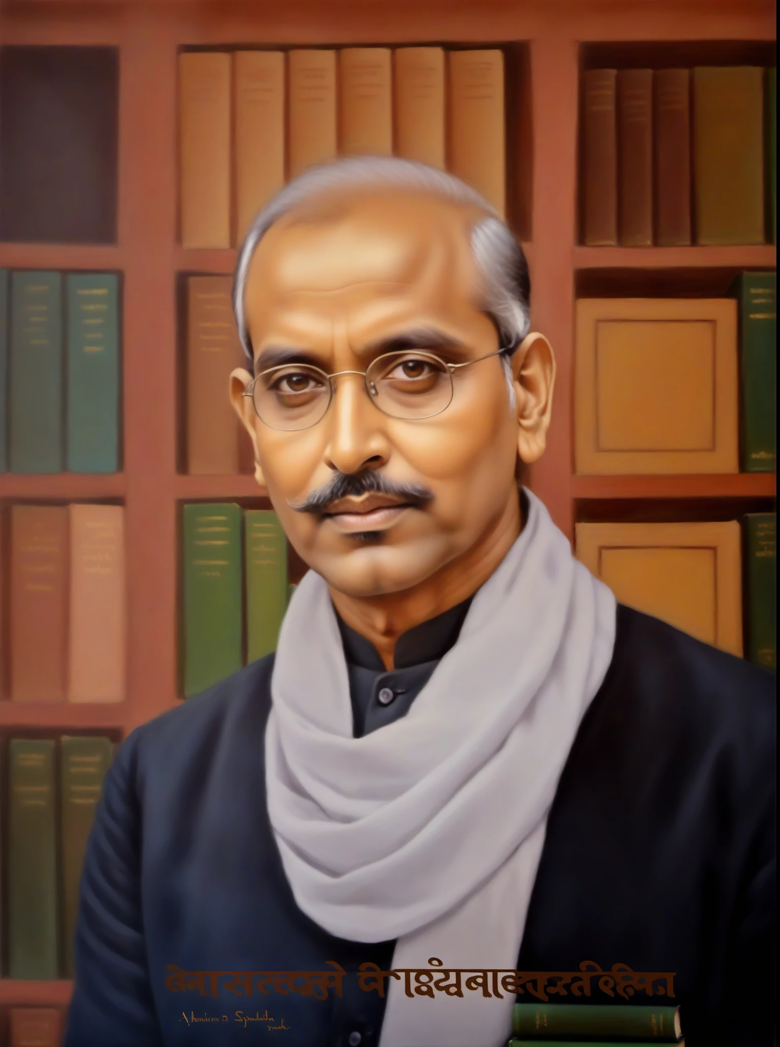 indian arafed image of a man in a library with books, inspired by Ram Chandra Shukla, alphonso azpiri, ditigal painting, portrait n - 9, top, by Ram Chandra Shukla, ashoka tano, civ ghandi, vastayan, inspired by Abdur Rahman Chughtai, inspired by Kailash Chandra Meher, potrait