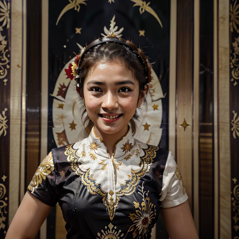 A realistic medium shot of a beautiful, cheerful Indonesian Muslim woman facing directly at the camera with a warm smile on her face His hands are in the Namaste position in a pop-up Art Paper batik motif frame, with a brown, dark red background and a picture of a typical Ramadhan mosque, displaying the text "Marhaban Ya Ramadhan" and decorated with a crescent moon and white stars while Ramadan elements such as the "1445 H" Lantern fireworks and Javanese batik motifs
