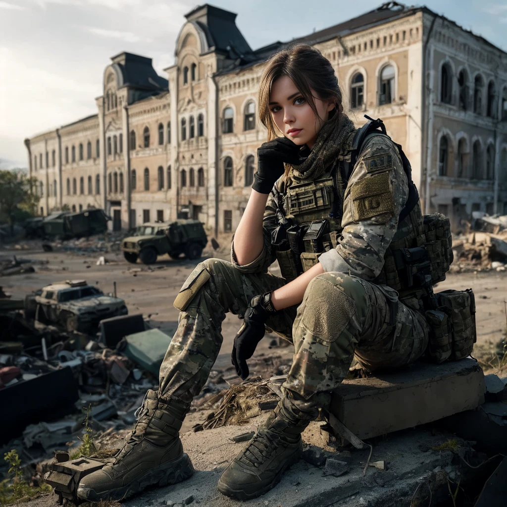 Masterpiece, a 30-year-old Russian female Spetsnaz FSB Alpha Group member, exuding a sense of calm and resilience. She's dressed in tactical gear, including a camouflage uniform typical for the Spetsnaz units, relaxed, thoughtful, ready for action, In the background is an East European urban battleground, debris is scattered across the streets, late afternoon, an araffe woman sitting on a pile of rubble in front of a building, resting after a hard mission, ( apocalyptic ) 8 k, of a sniper girl in war, soldier girl, escape from tarkov, beautiful female soldier, in a post apocalyptic setting, apocalyptic 8k, apocalyptic 8 k, military girl, warzone background, unreal engine. film still, infantry girl, 16K, ultra high res.photorealistic, UHD, RAW