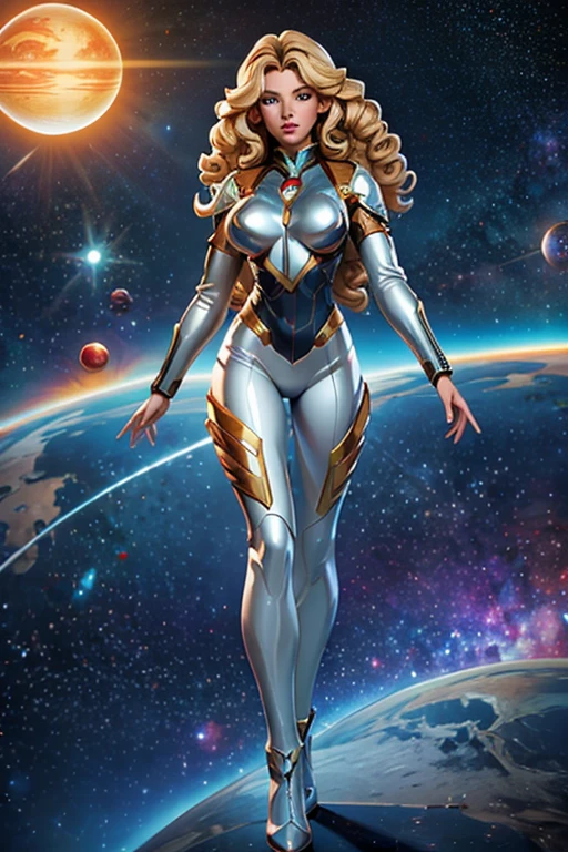 best quality, masterpiece, woman space super hero, beautiful face,full body,hi-tech armour over silver latex suit, long curly blonde hair,in deep space, with several planets and suns in the background
