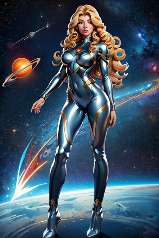 best quality, masterpiece, woman space super hero, beautiful face,full body,hi-tech armour over silver latex suit, long curly blonde hair,in deep space, with several planets and suns in the background
