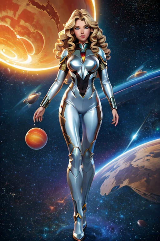 best quality, masterpiece, woman space super hero, beautiful face,full body,hi-tech armour over silver latex suit, long curly blonde hair,in deep space, with several planets and suns in the background
