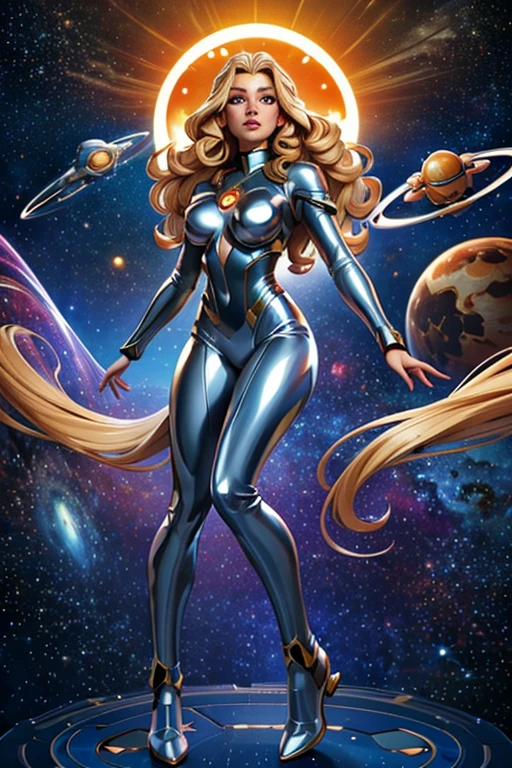 best quality, masterpiece, woman space super hero, beautiful face,full body,hi-tech armour over silver latex suit, long curly blonde hair,in deep space, with several planets and suns in the background
