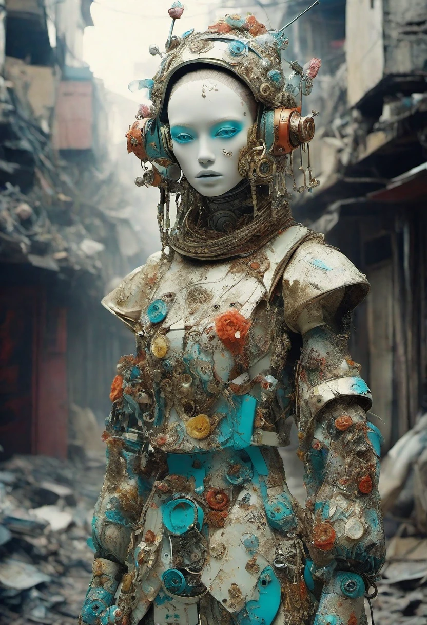 Full body photograph by Tim Walker. Little funny robot, porcelain face and head, big turquoise eyes, perfect eyes, best quality in neo-Harajuku style, embodying the mood of a post-apocalyptic world, intricate details of the robot, space outfit highlighted by sharp contrasting shadows, strikingly bright colors, atmospheric dust particles, scattered face, background of a decaying city, UHD digital rendering, a fascinating combination of fashion and dystopia. eerie atmosphere, fusion, horror, Japanese townscape, long neck, robots, v 6. full body shot three quarter view --ar 9:16 --stylize 750
