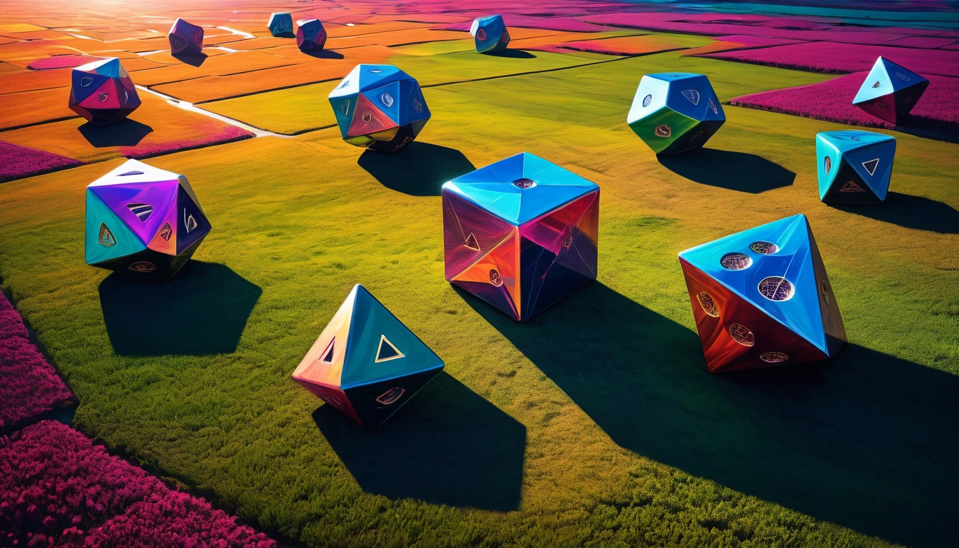 abstract,huge geometric shape,huge octahedral dice,lies on a field,casts a shadow on the small city at its foot,artistic texture,cracked surface,futuristic,glowing edges,vibrant colors,dynamic lighting,mysterious atmosphere,modern art style,digital painting,abstract representation of reality,symmetry,sharp angles,contrasting shades,mesmerizing patterns,dreamlike perspective