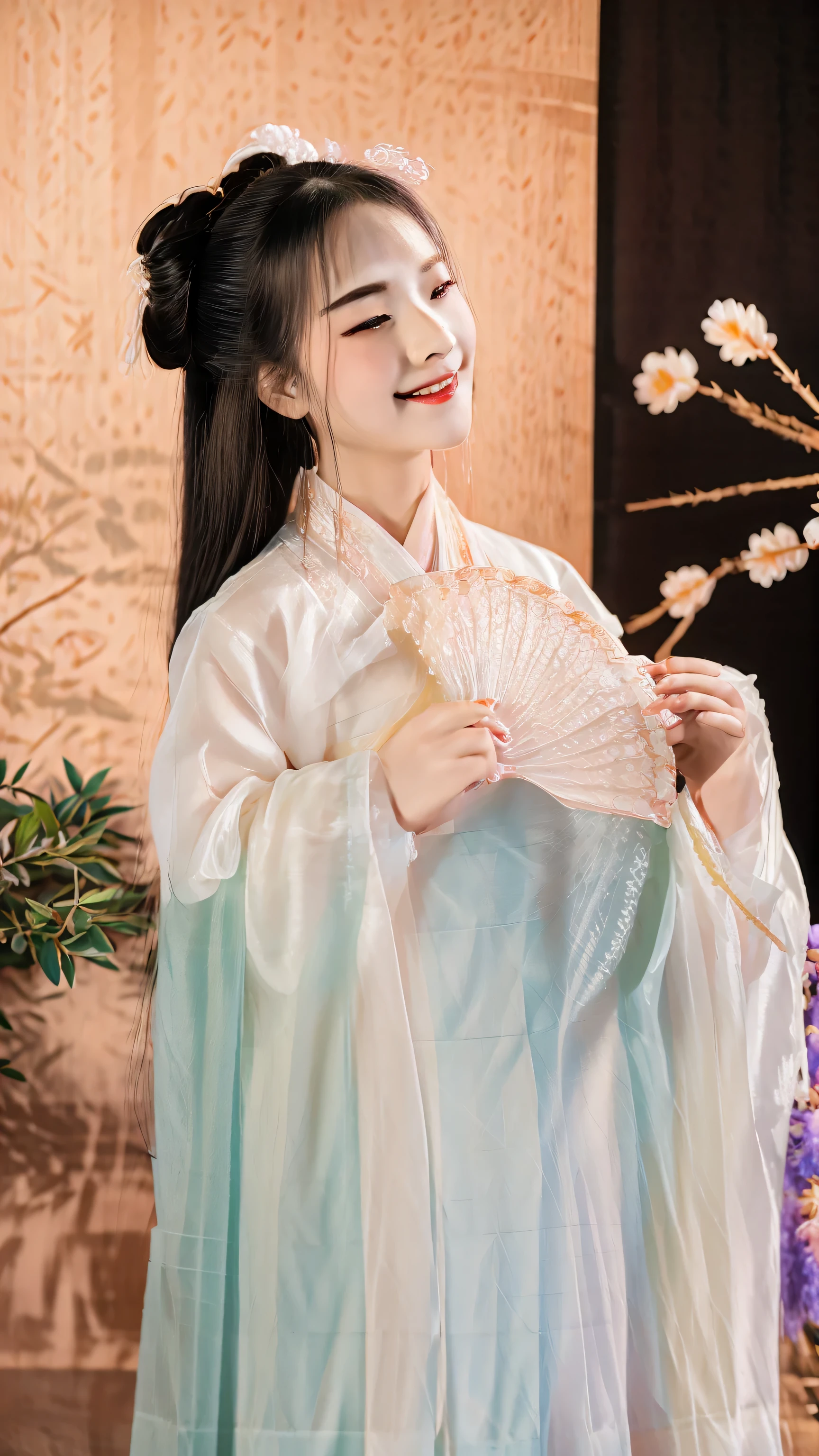 woman in traditional dress holding a fan and smiling in front of a wall, white hanfu, hanfu, palace ， a girl in hanfu, wearing ancient chinese clothes, with acient chinese clothes, traditional chinese clothing, chinese costume, chinese style, inspired by Qiu Ying, pale and coloured kimono, inspired by Lan Ying, traditional chinese, inspired by Huang Ji