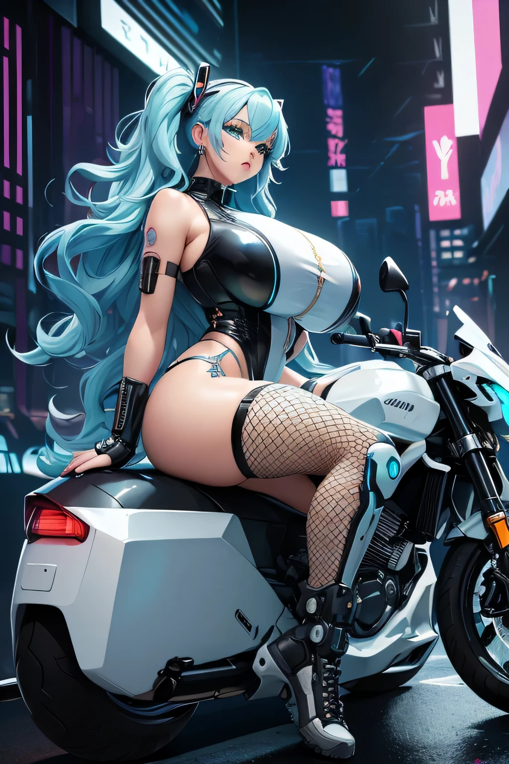 ((best quality)), ((masterpiece)), (detailed) , ((anime)), Girl, ((((gigantic breasts)))),curly hair, light blue hair with white shades, ((sitting on a cyberpunk motorcycle)), ((cyberpunk black outfit)), earrings, ((beautiful detailed)), green eyes, full body view, fishnets, hair accessories