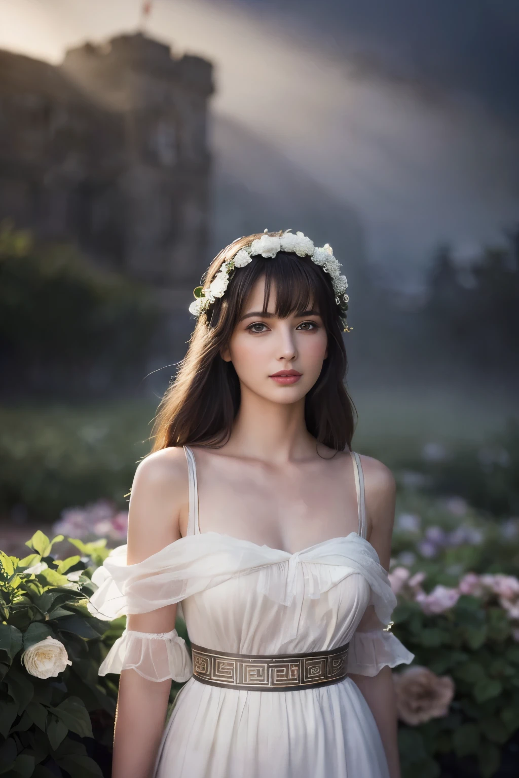 
((table top:1.4, highest quality)), (realistic pictures:1.4), 
((1 girl)), (An unearthly beauty), (dream-like),
(超High resolution:1.2), very delicate and beautiful, wonderful, Highly detailed CG Unity 8K wallpaper, Super detailed, High resolution, 
soft light, beautiful detailed girl, highly detailed eyes and face, beautifully detailed nose, beautiful and detailed eyes, 
(Dressed in ancient Greek maiden costume:1.3), 
cinematic lighting, perfect anatomy, slender body, (parted bangs),
(In the gardens of a Scottish castle:1.3), (Overcast dark background, (thick fog), A ray of light shines on the flower garden in the garden:1.3), (outdoor), (contrast of light and dark),
cowboy shot, looking at the viewer, archaic smile, (fantastic beauty)