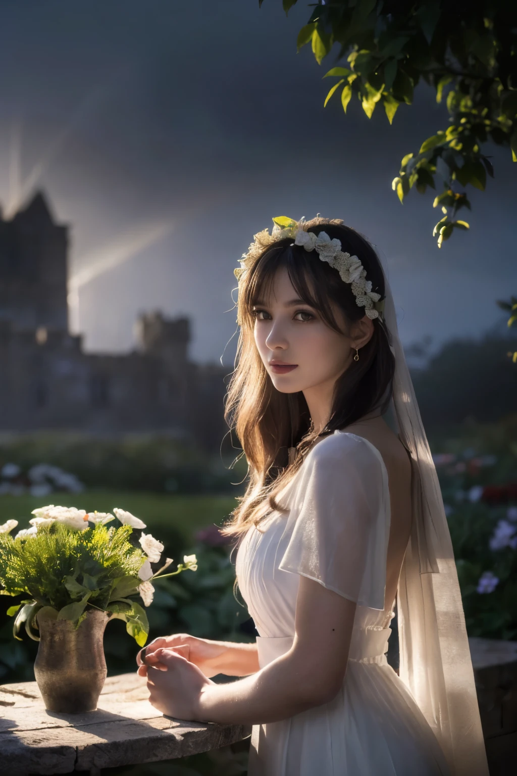 ((table top:1.4, highest quality)), (realistic pictures:1.4),
((1 girl)), (An unearthly beauty), (dream-like),
(超High resolution:1.2), very delicate and beautiful, wonderful, Highly detailed CG Unity 8K wallpaper, Super detailed, High resolution,
soft light, beautiful detailed girl, highly detailed eyes and face, beautifully detailed nose, beautiful and detailed eyes,
(Dressed in ancient Greek maiden costume:1.3),
cinematic lighting, perfect anatomy, slender body, (parted bangs),
(In the gardens of a Scottish castle:1.3), (Overcast dark background, (thick fog), A ray of light shines on the flower garden in the garden:1.3), (outdoor), (contrast of light and dark),
cowboy shot, looking at the viewer, archaic smile, (fantastic beauty)