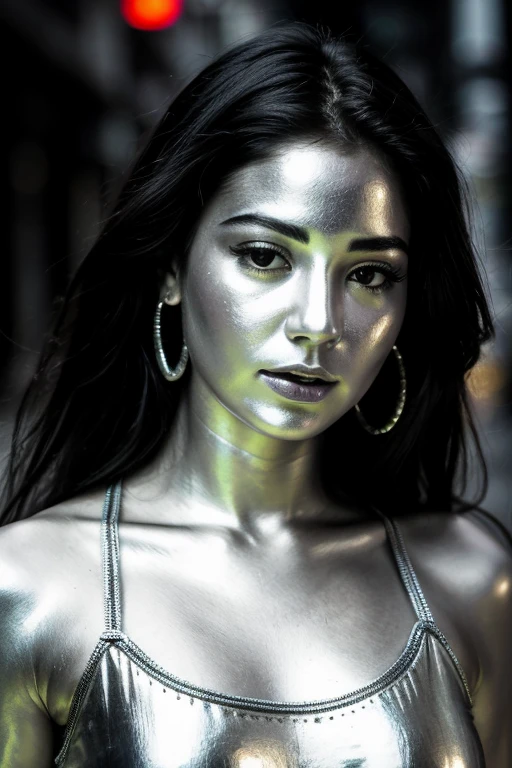 city street, neon, fog, volumetric, closeup portrait photo of beautiful young mexican woman silver living statue, intricate perfectly body head face metallic chrome silver paint, detailed facial head body, lifelike expression, living statue, metallic chrome silver tone, perfectly drawn face body head, black hair, (wearing black tank top),