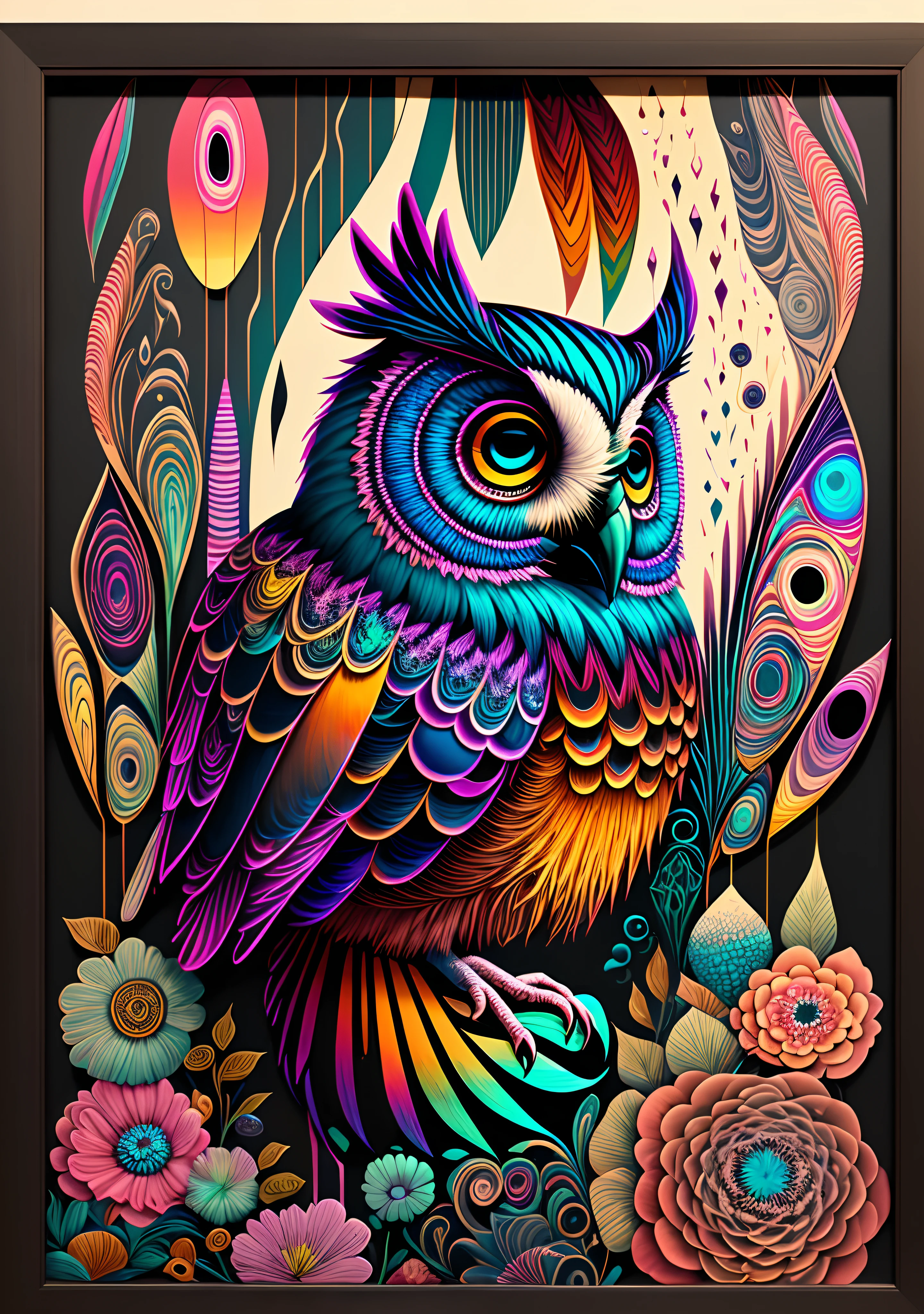 A modern and elegant vertical frame, finished in matte black, featuring a captivating and vibrant psychedelic owl painting. The art of the owl is exquisitely designed with vivid colors, intricate patterns and mesmerizing details. The painting is leaning against the back of the frame, creating a dynamic and casual display. The combination of the vertical frame and the psychedelic art of the owl add a touch of artistic fascination to any space.