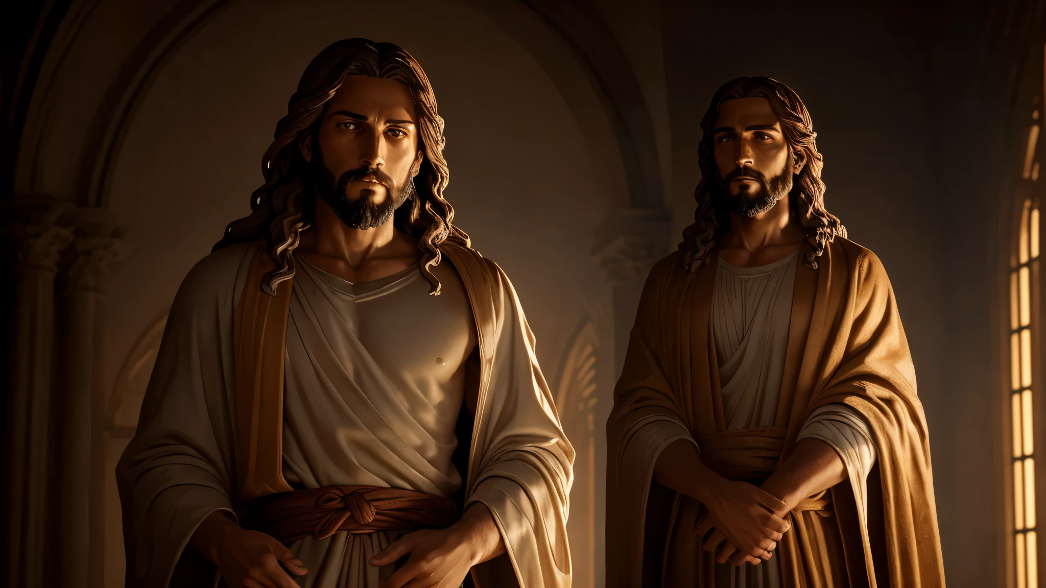A realistic statue of Jesus Christ, radiantly dressed in a robe, displaying thoughtful and compassionate expressions, set against a neutral background, capturing the moody and serene atmosphere, in high-definition photorealistic style, intricately detailed and hyper-realistic, illuminated by bright lights, delivered in 8K ultra-high definition.